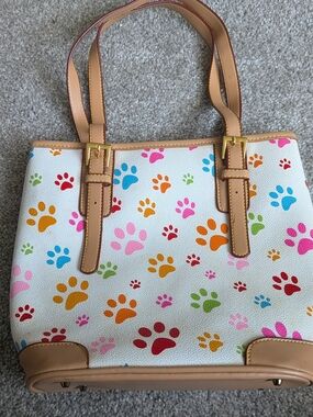 White Tote with Multicolor Paw Print Design
